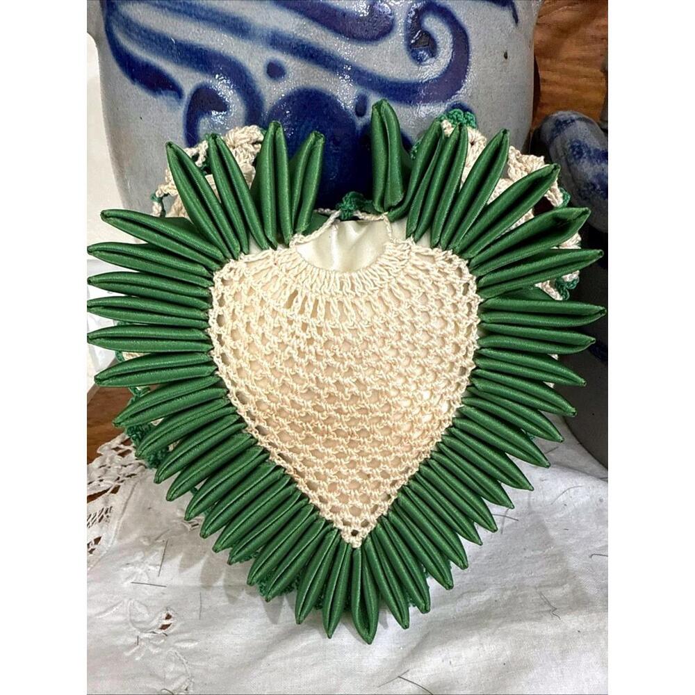 VTG 1930-40s Green Crochet Heart Folded Ribbon Pincushion Handmade Decor